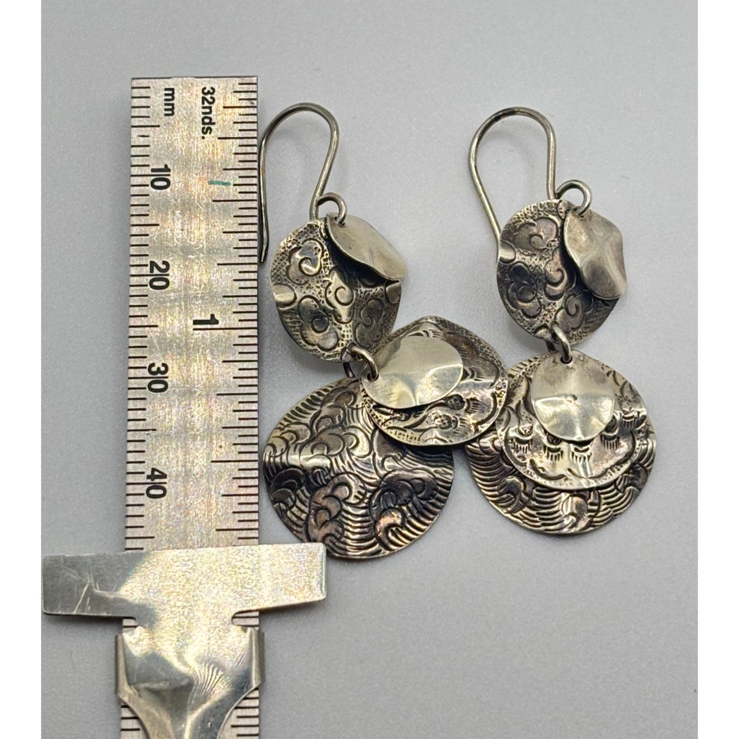 925 Sterling Silver Dangle Earrings With Engraved Textured Circles