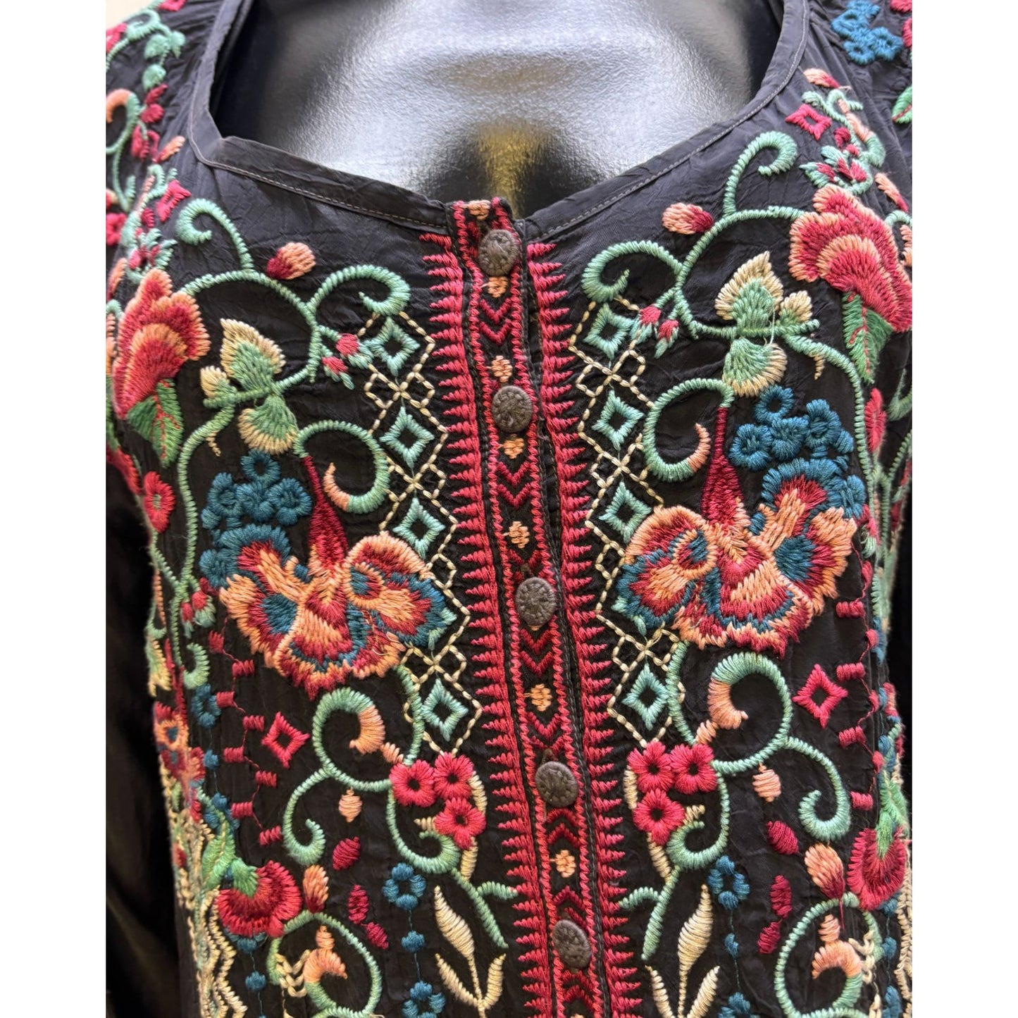 Johnny Was Embroidered Blouse Gray Multicolor L