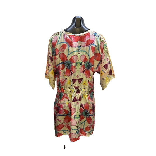 Johnny Was Colorful Floral  Silk Tunic Blouse w/Elastic Waist Size L
