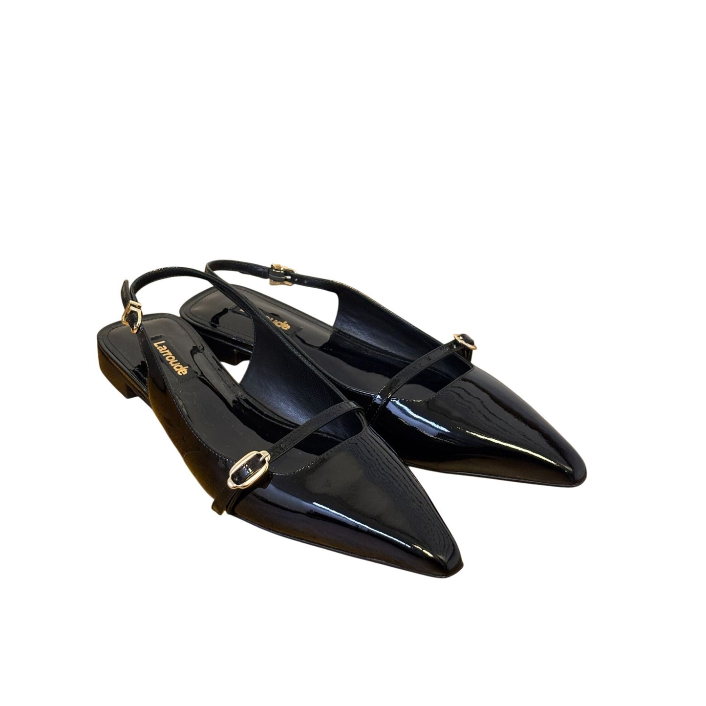 Black Larroude Patent Leather Pointed Toe Slingback Flats With Gold Buckles