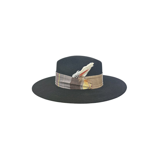The Power Hat CO. Black Felt Wide Brim Hat w/Multicolor Band & Feather Accent