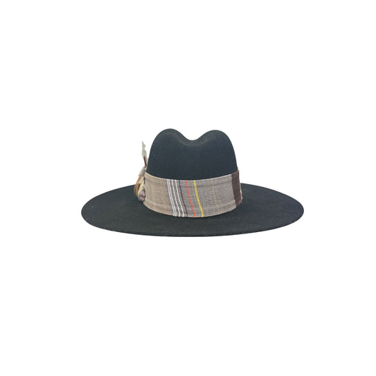 The Power Hat CO. Black Felt Wide Brim Hat w/Multicolor Band & Feather Accent