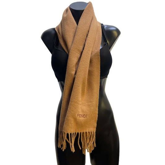 Fendi Camel Wool Fringed Scarf Fendi Logo Embroidered