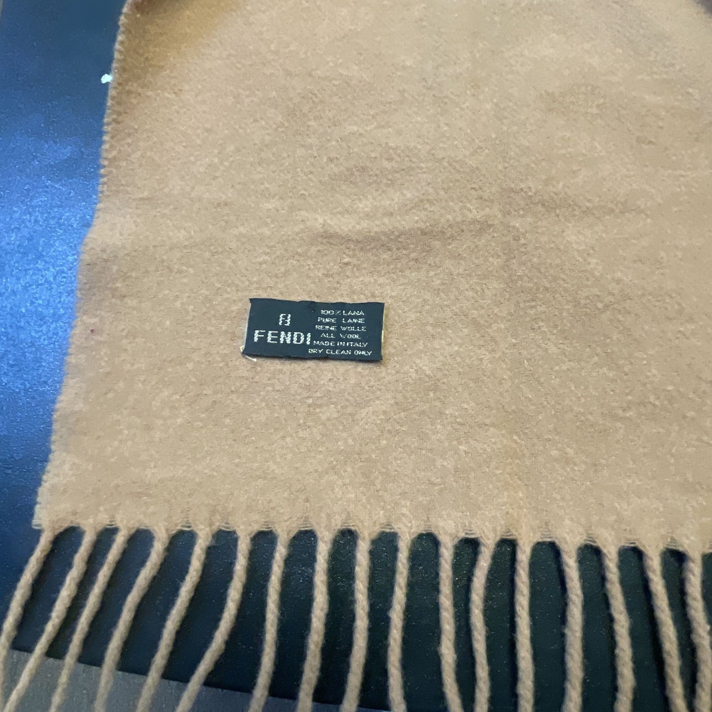 Fendi Camel Wool Fringed Scarf Fendi Logo Embroidered