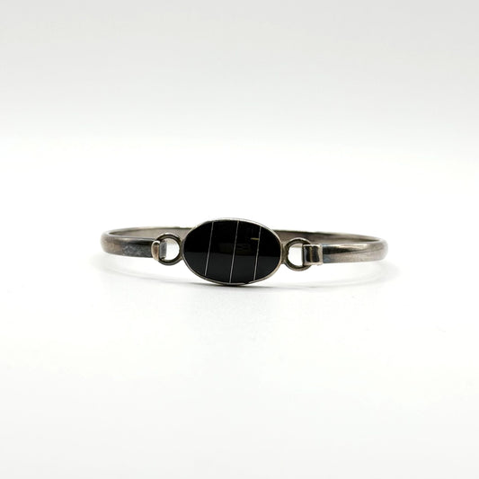 925 Sterling Silver Onyx Inlay Hook & Eye Bracelet Made In Mexico