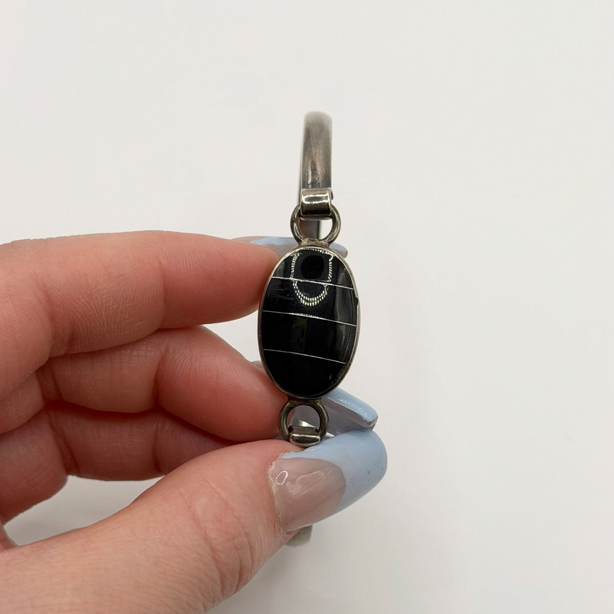 925 Sterling Silver Onyx Inlay Hook & Eye Bracelet Made In Mexico