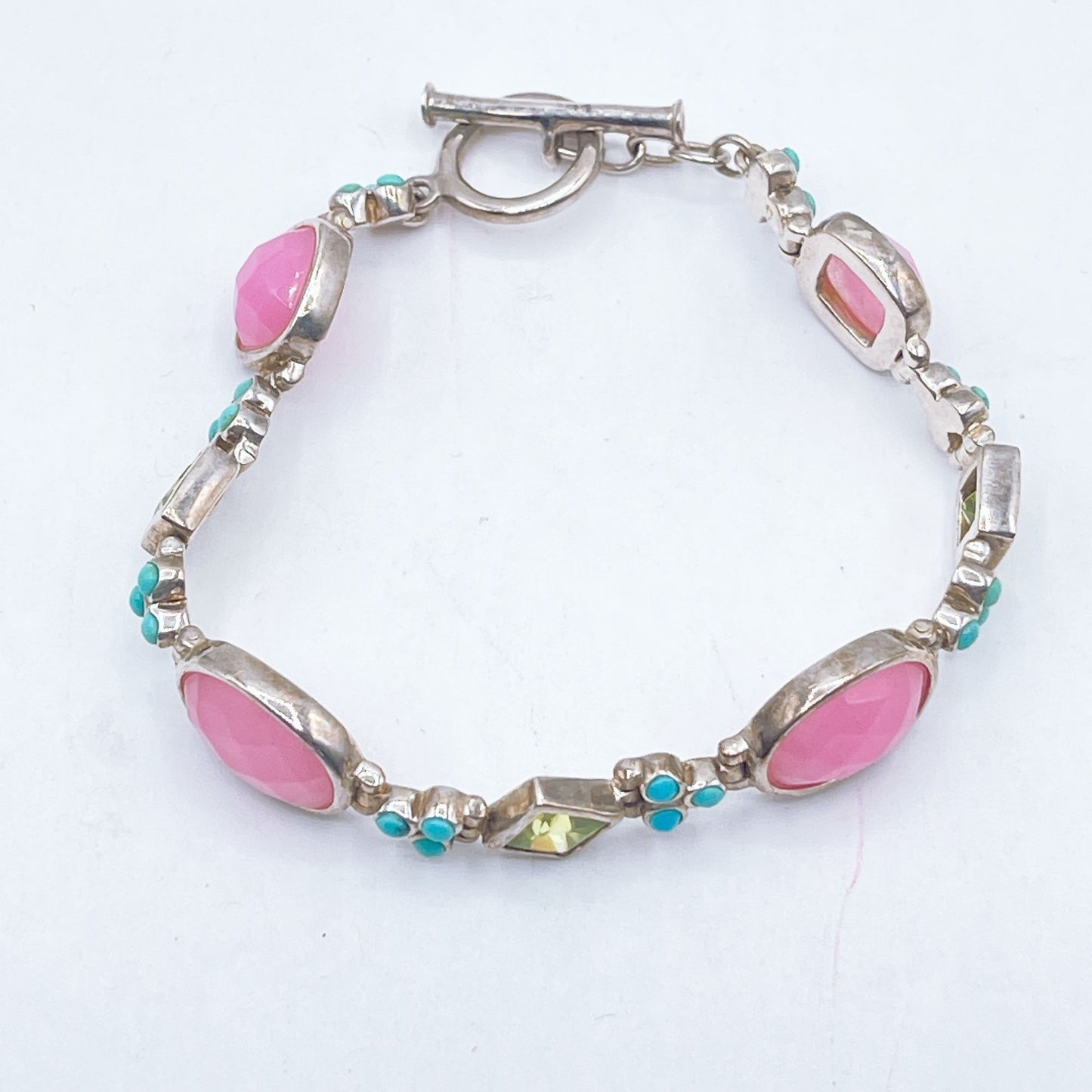 Sterling Silver Toggle Bracelet With Pink Green & Turquoise Gemstone Accents