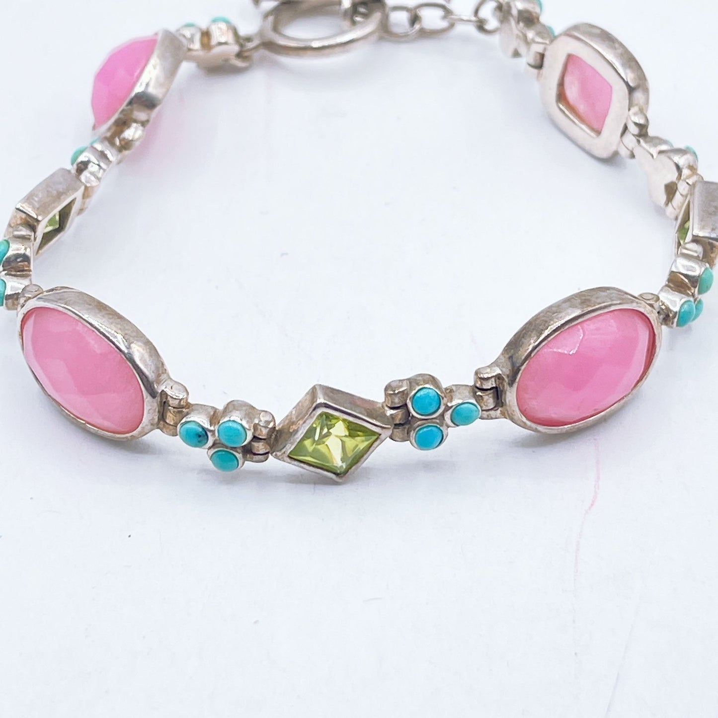Sterling Silver Toggle Bracelet With Pink Green & Turquoise Gemstone Accents