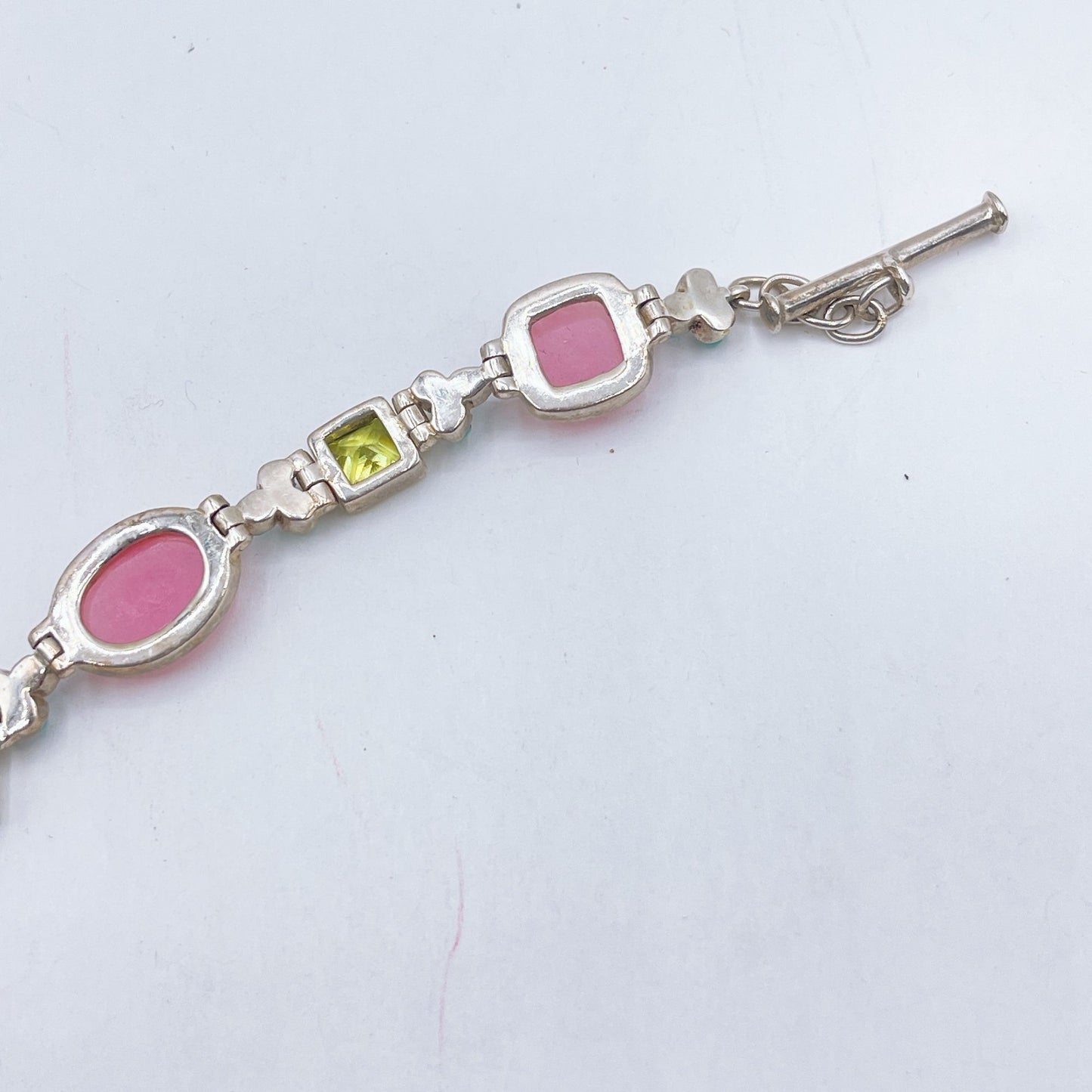 Sterling Silver Toggle Bracelet With Pink Green & Turquoise Gemstone Accents