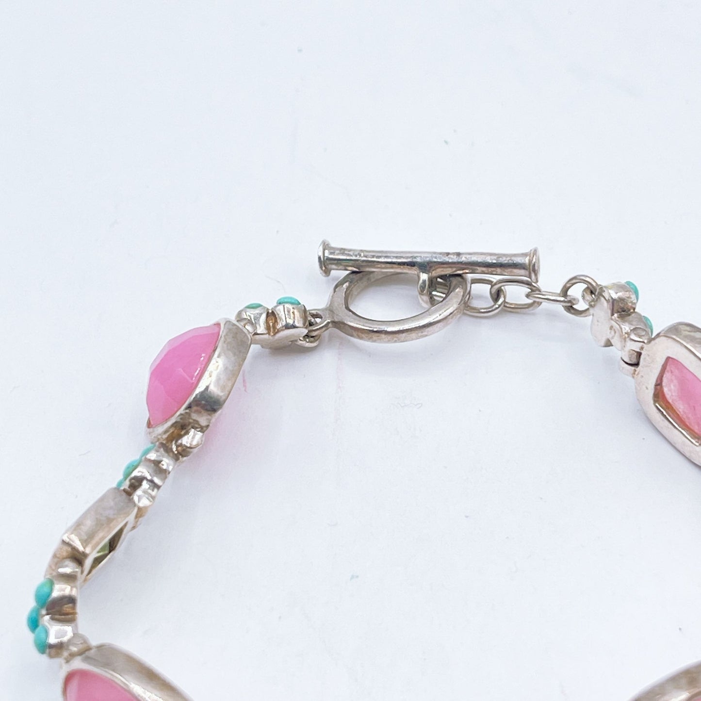 Sterling Silver Toggle Bracelet With Pink Green & Turquoise Gemstone Accents