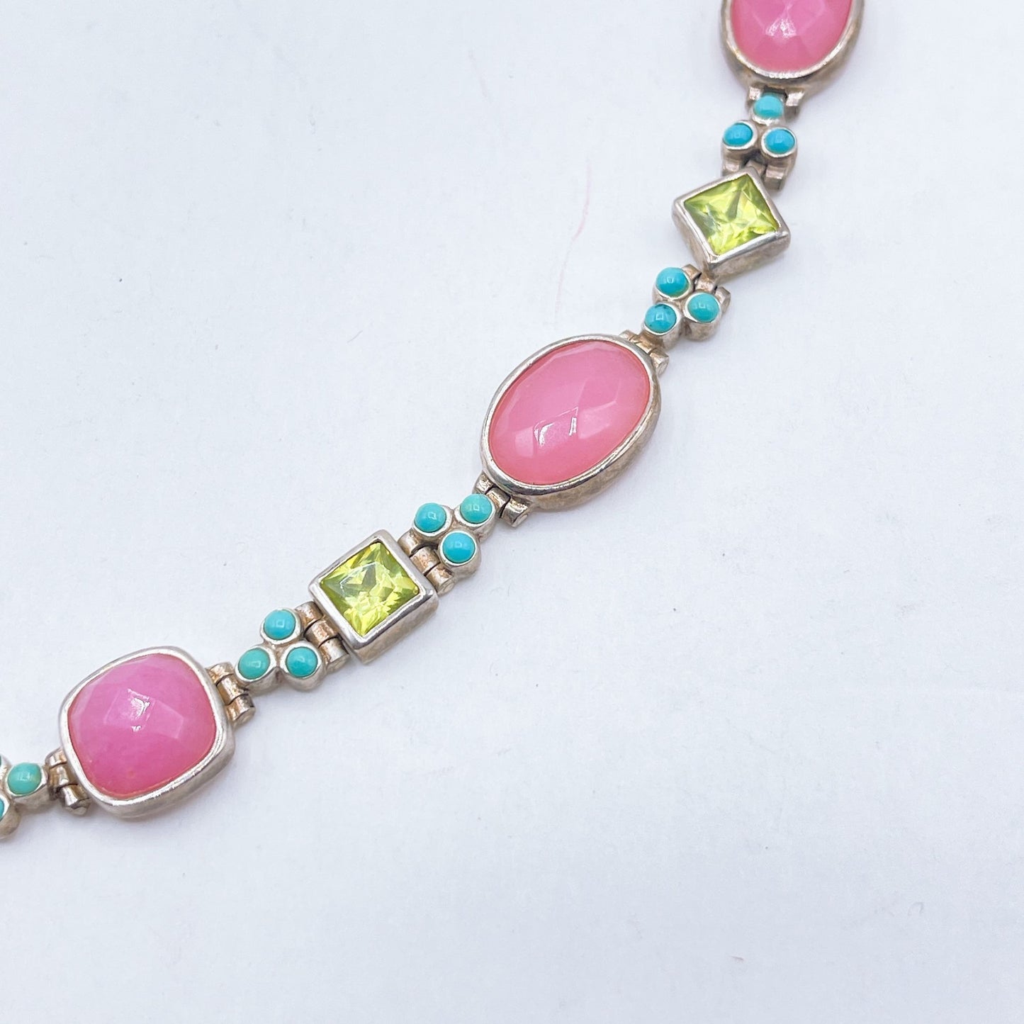 Sterling Silver Toggle Bracelet With Pink Green & Turquoise Gemstone Accents