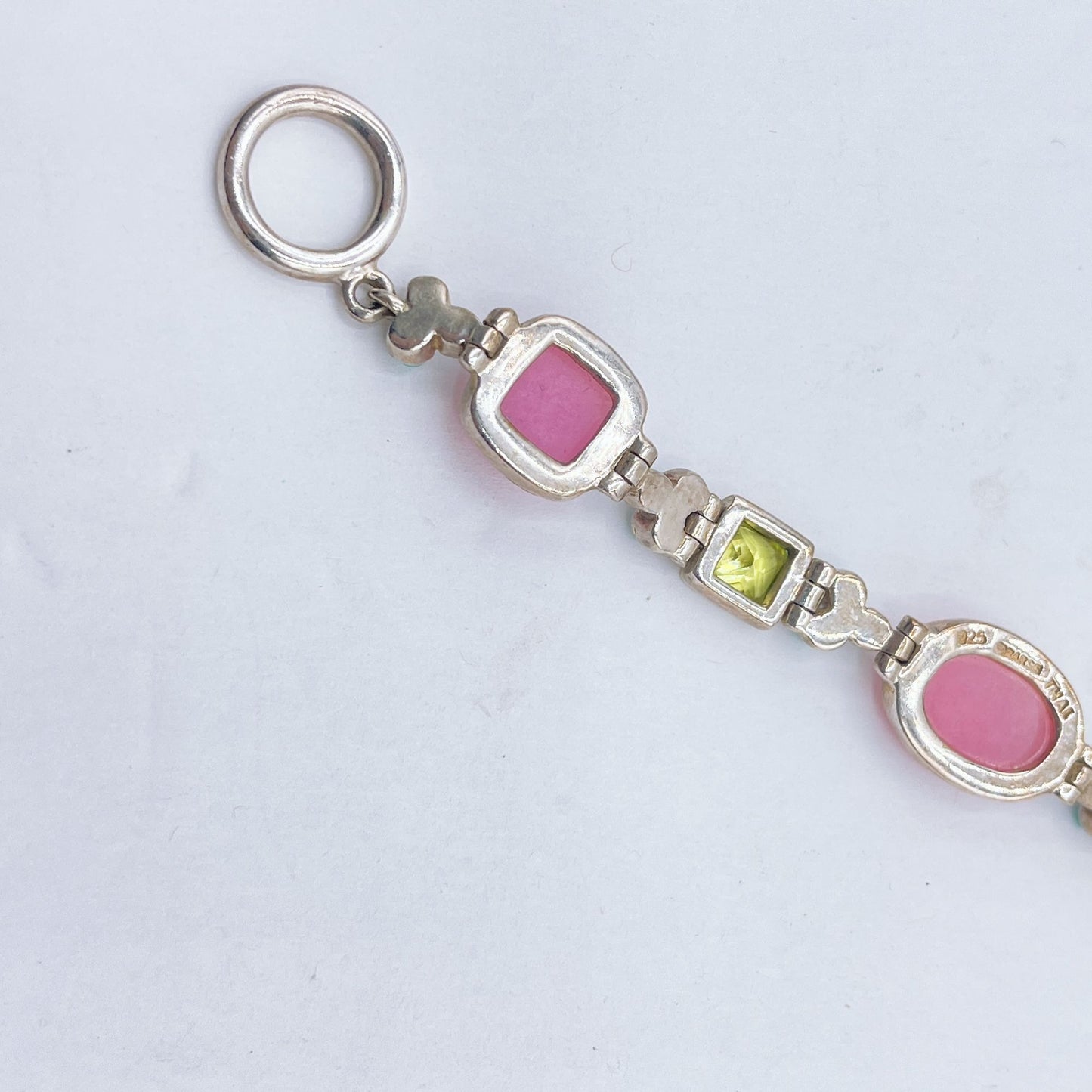 Sterling Silver Toggle Bracelet With Pink Green & Turquoise Gemstone Accents