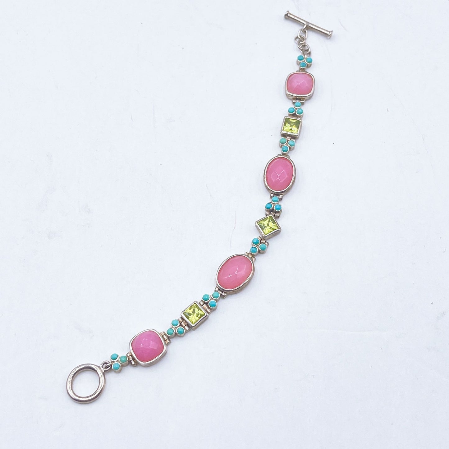 Sterling Silver Toggle Bracelet With Pink Green & Turquoise Gemstone Accents