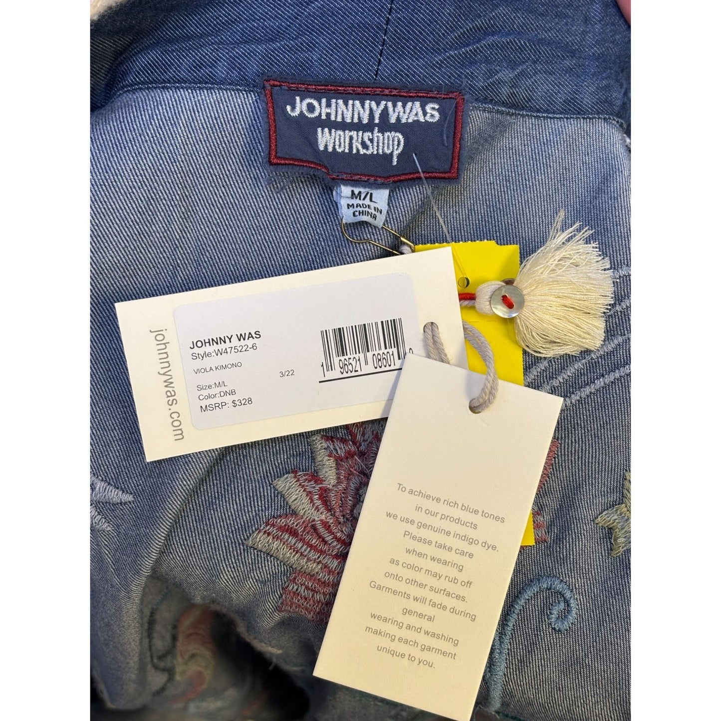 NWT Johnny Was Embroidered Denim-Style Open Cardigan M/L Blue Floral