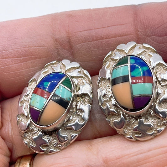 Vintage Masha Sterling Silver Inlay Earrings With Multicolor Gemstones Medium