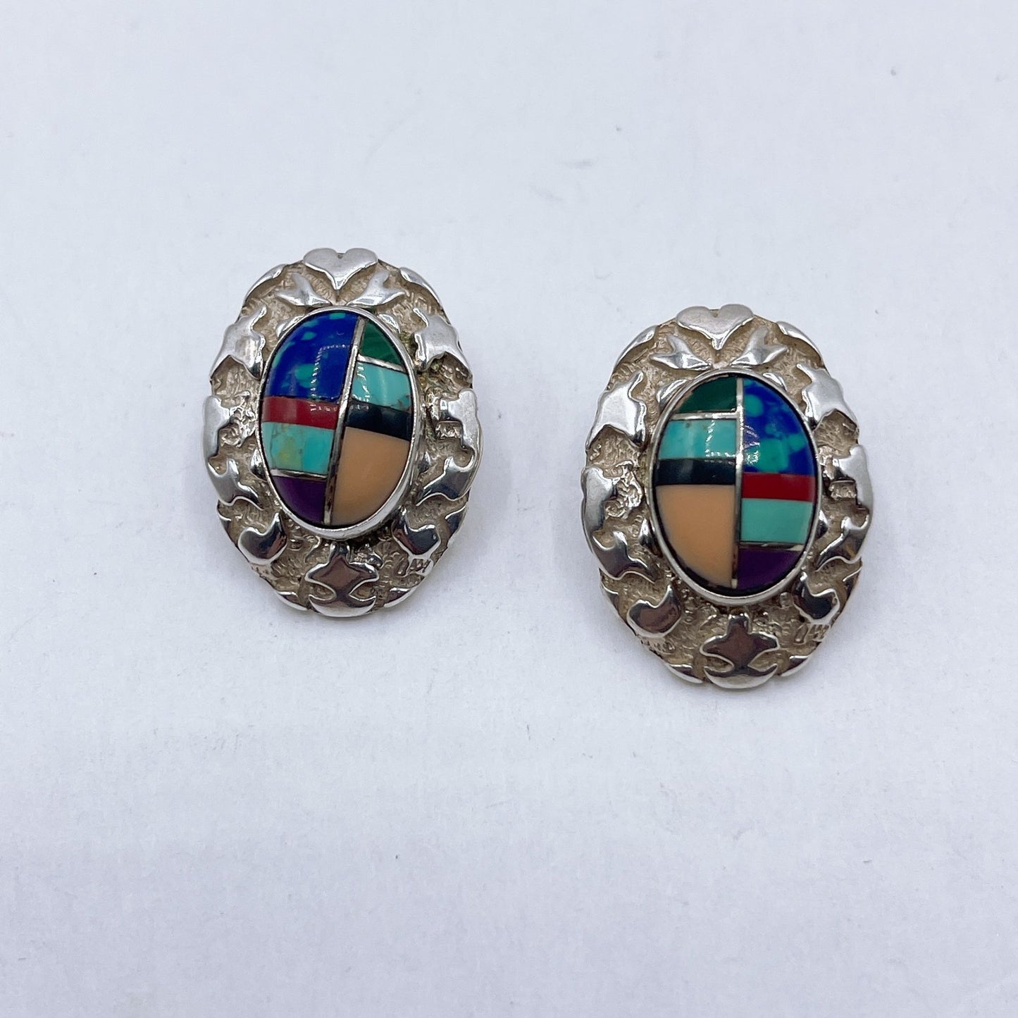 Vintage Masha Sterling Silver Inlay Earrings With Multicolor Gemstones Medium
