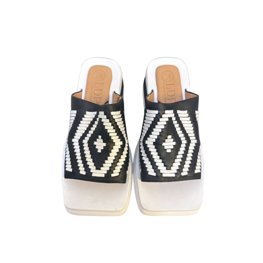 LDP Black & White Geometric Wedge Platform Sandals Size 7.5