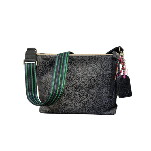 Consuela Black Embossed Crossbody Bag With Adjustable Striped Strap