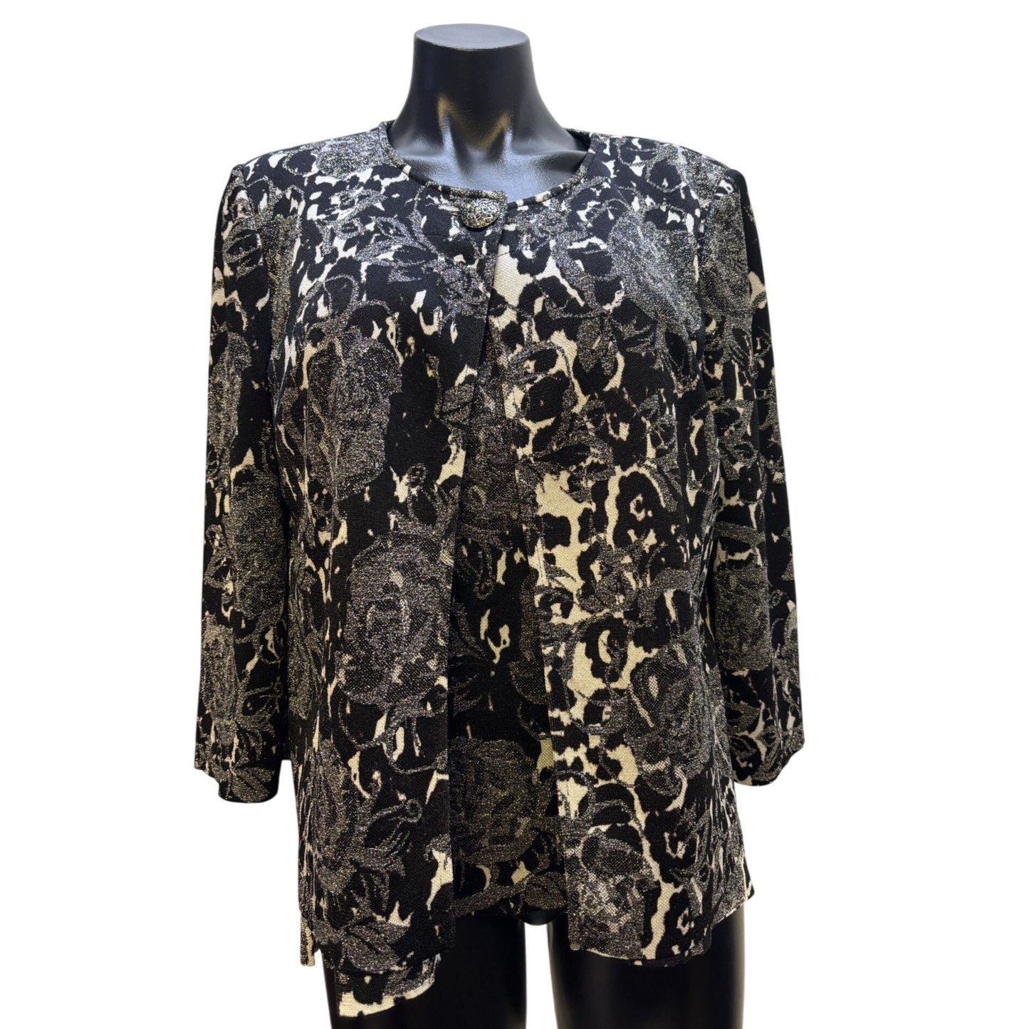 St. John Black & Silver Floral Print Sweater Set Size 10/L 2p