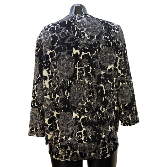 St. John Black & Silver Floral Print Sweater Set Size 10/L 2p