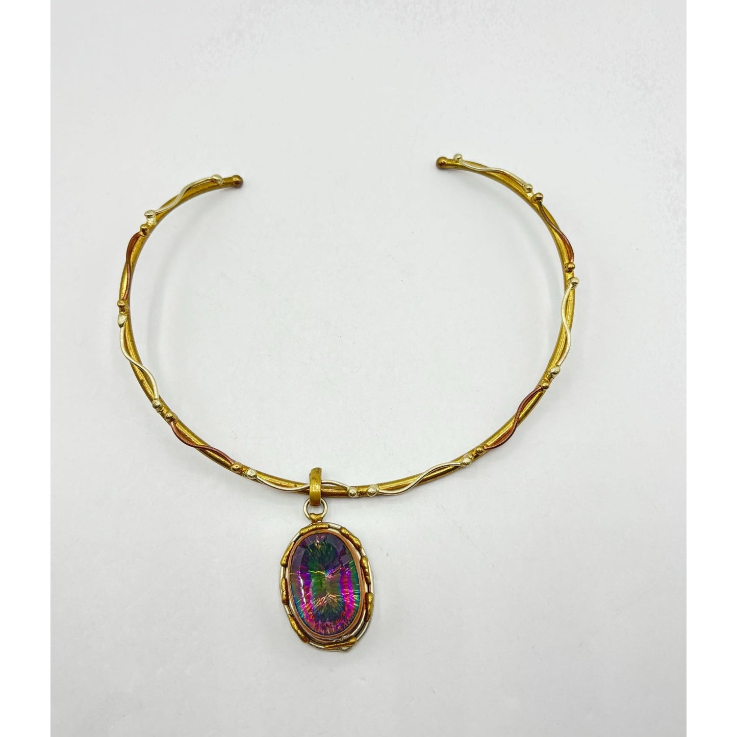 Mystic Topaz Oval Pendant Necklace Gold & Brass Twisted Collar