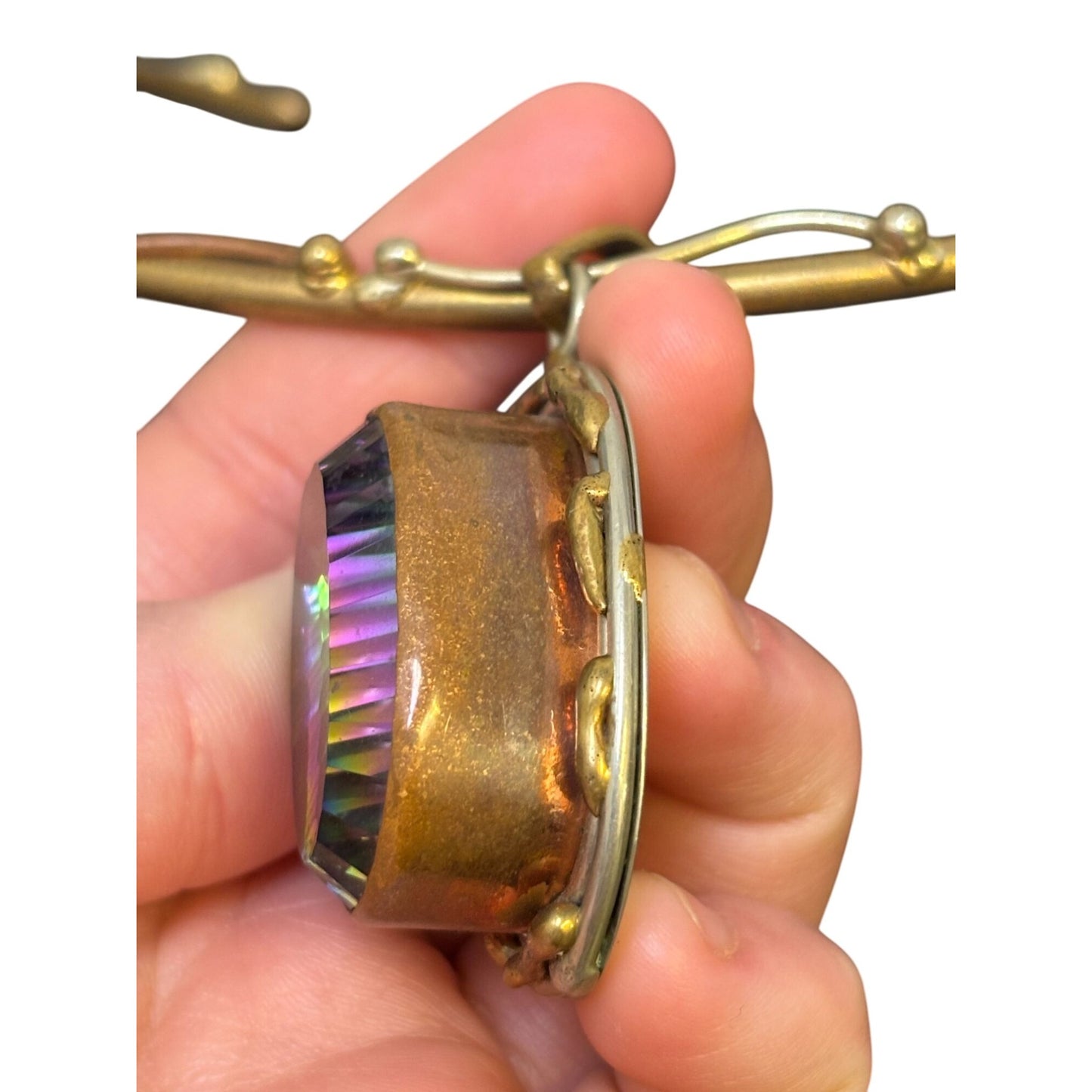 Mystic Topaz Oval Pendant Necklace Gold & Brass Twisted Collar