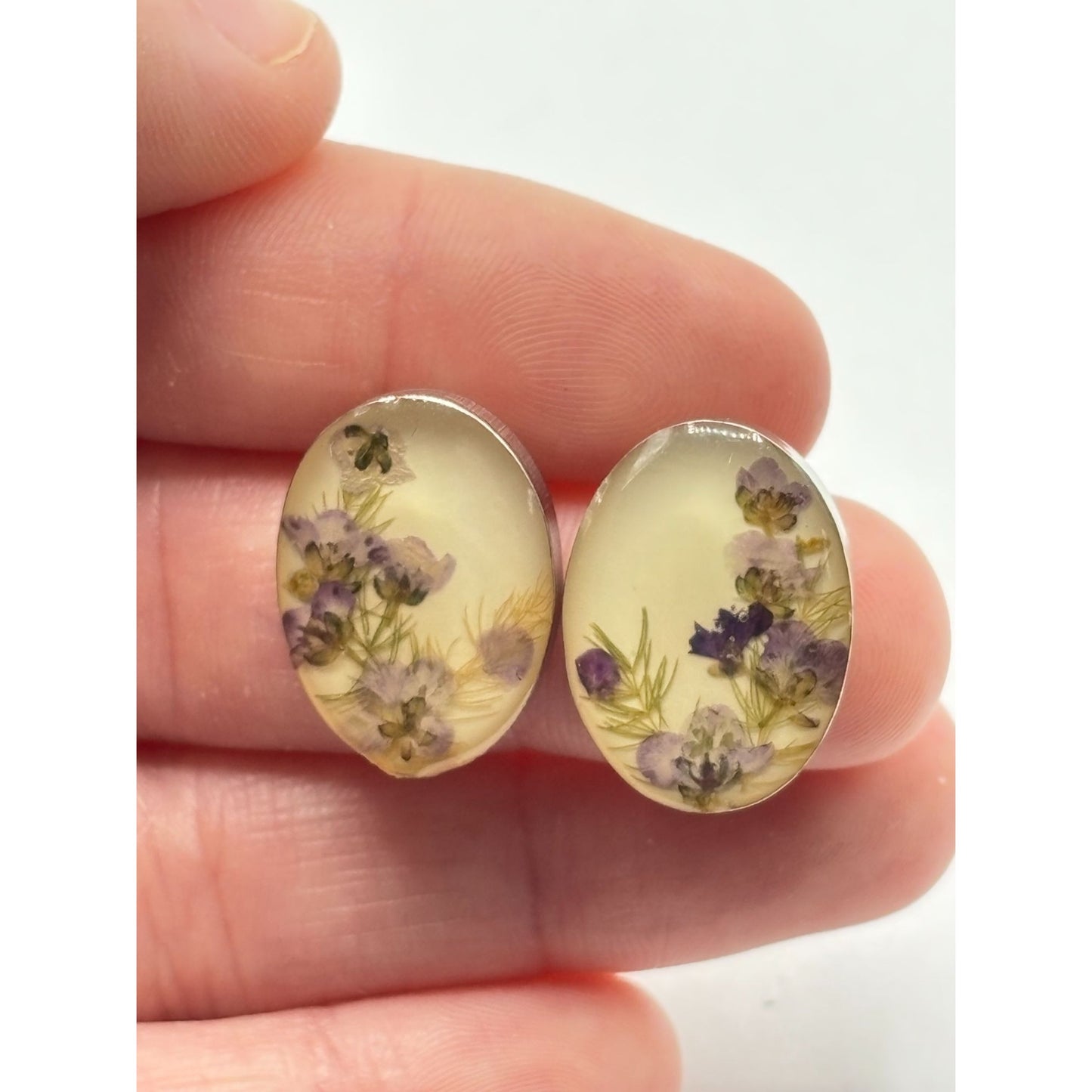 Vintage Sterling Silver Oval Pressed Flower Earrings