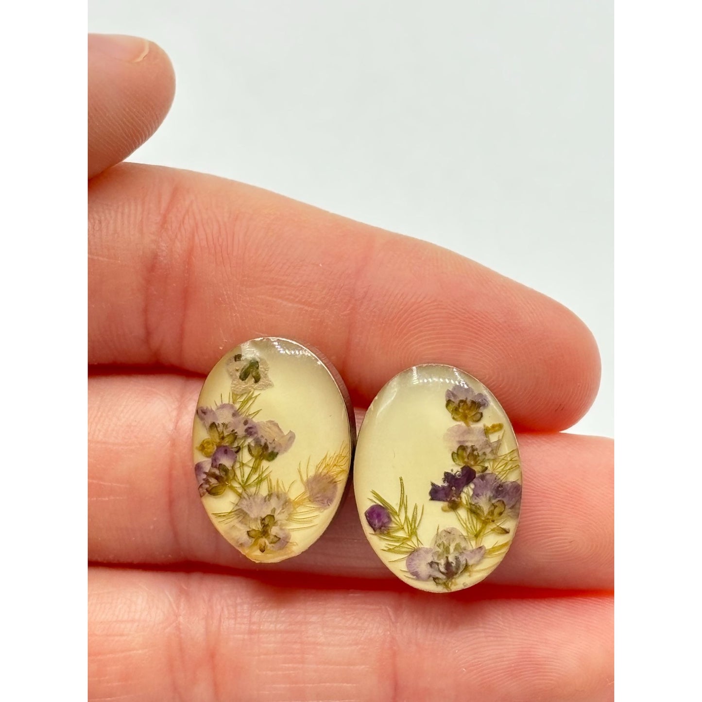 Vintage Sterling Silver Oval Pressed Flower Earrings