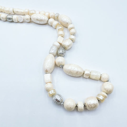 Chico's White Faux Pearl & Silver Beaded Necklace With Adjustable Lobster Clasp