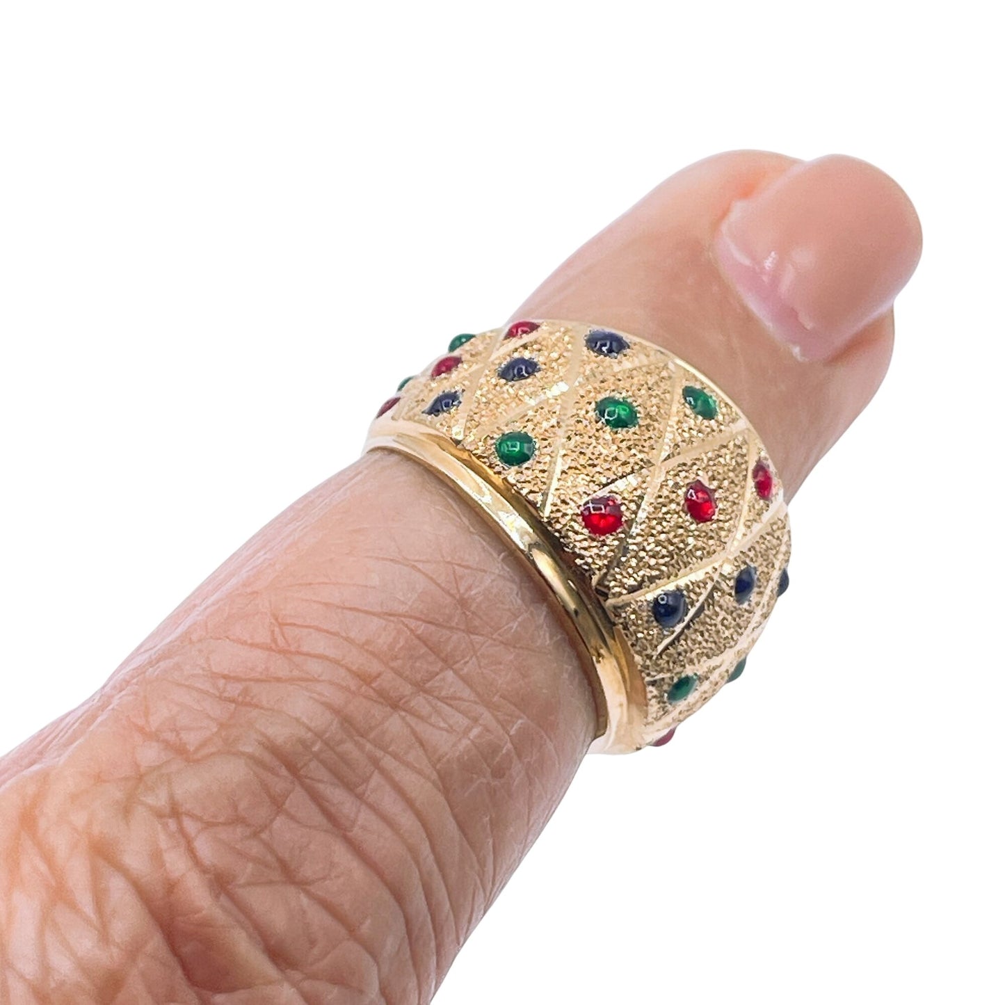 14k Gold Dome Ring With Multicolor Gemstone Accents Harlequin Pattern Design Size 5