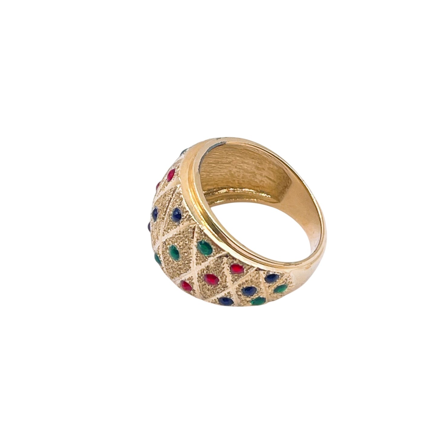 14k Gold Dome Ring With Multicolor Gemstone Accents Harlequin Pattern Design Size 5