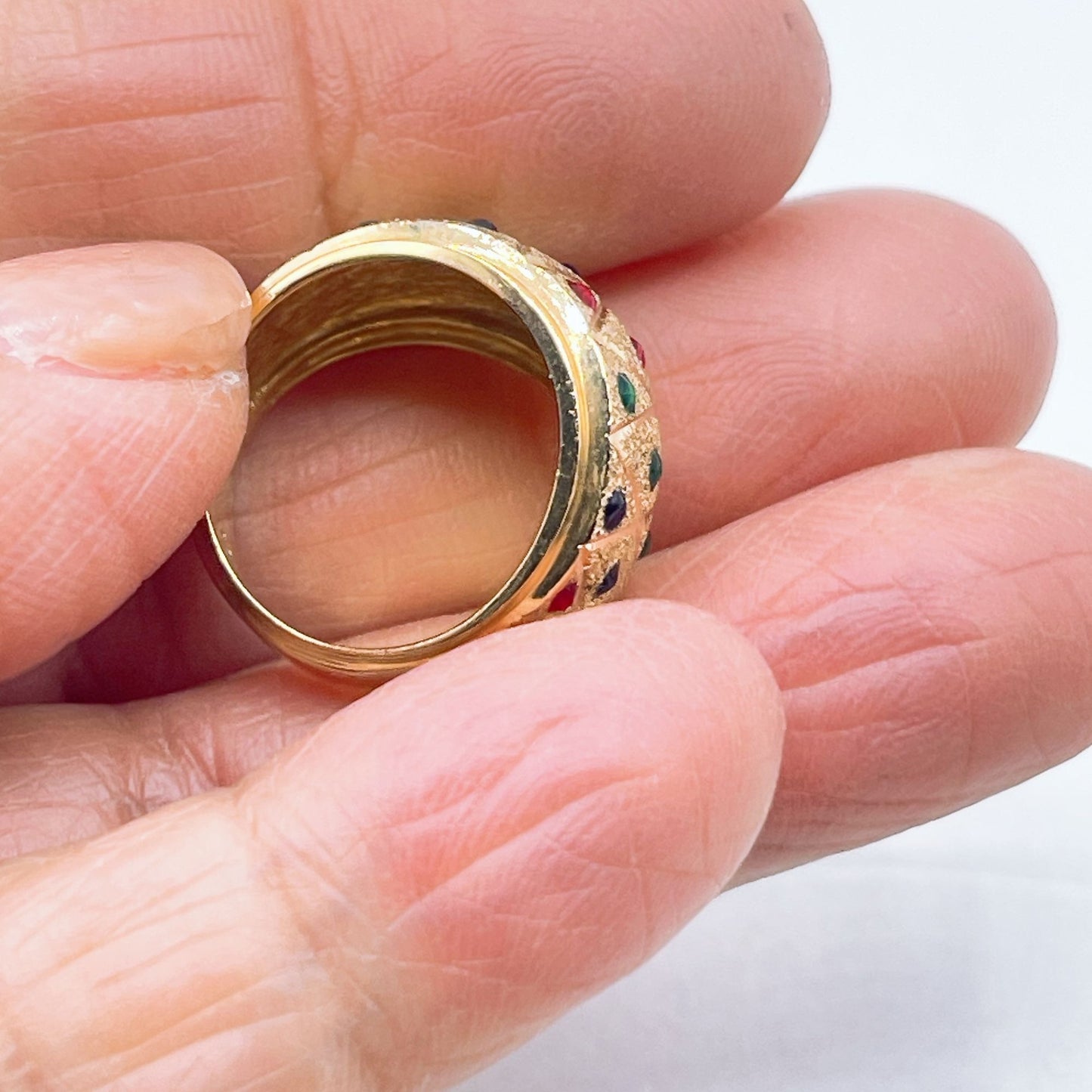 14k Gold Dome Ring With Multicolor Gemstone Accents Harlequin Pattern Design Size 5