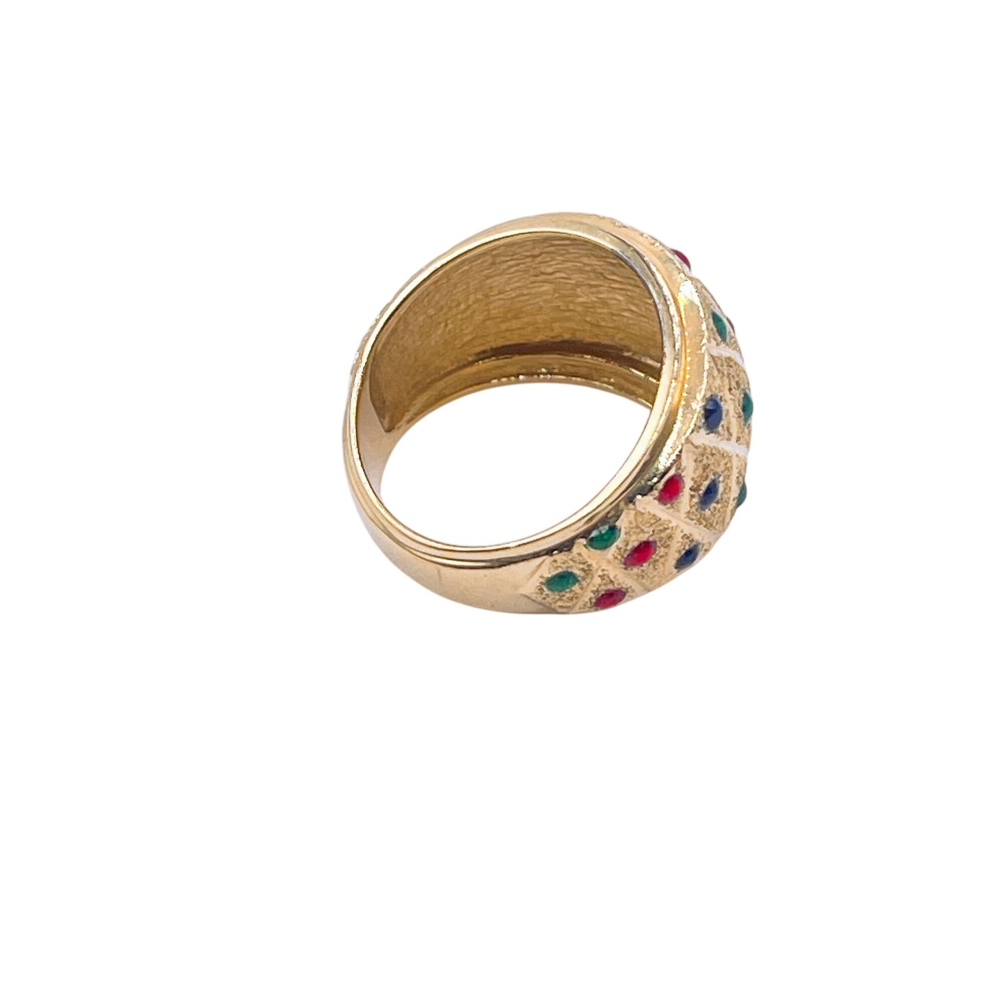 14k Gold Dome Ring With Multicolor Gemstone Accents Harlequin Pattern Design Size 5