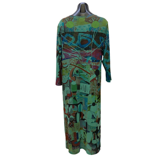 Inoah Teal Multi Abstract Print Long Sleeve Midi Dress L