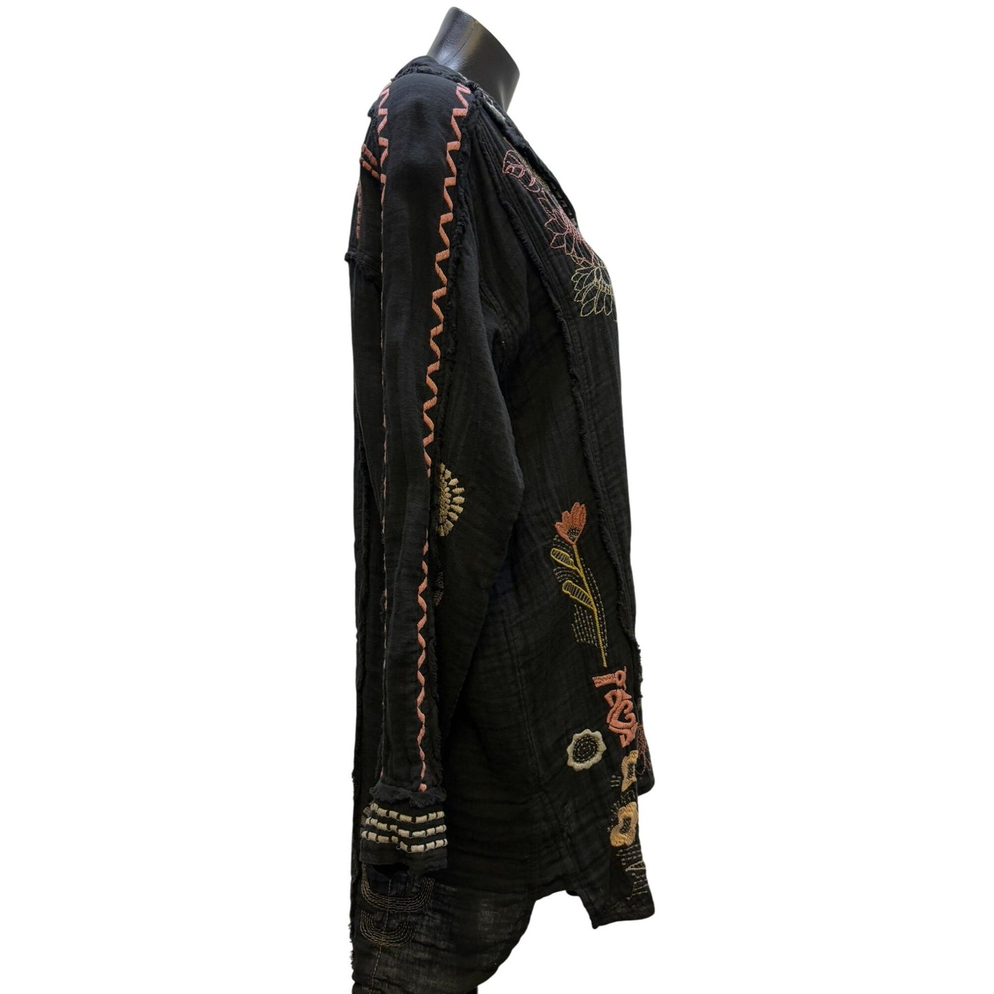 Biya Johnny Was Black Embroidered Floral Tunic Blouse L