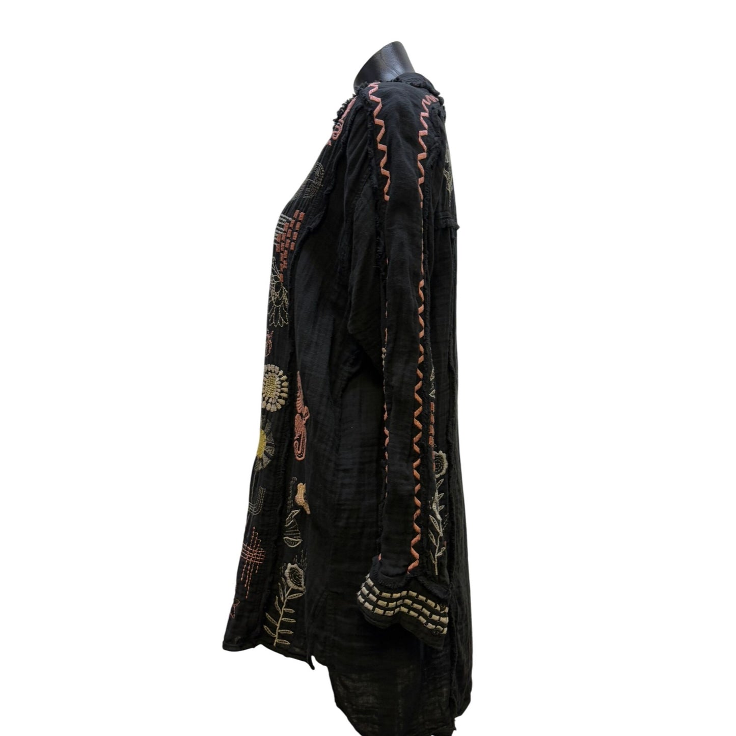 Biya Johnny Was Black Embroidered Floral Tunic Blouse L