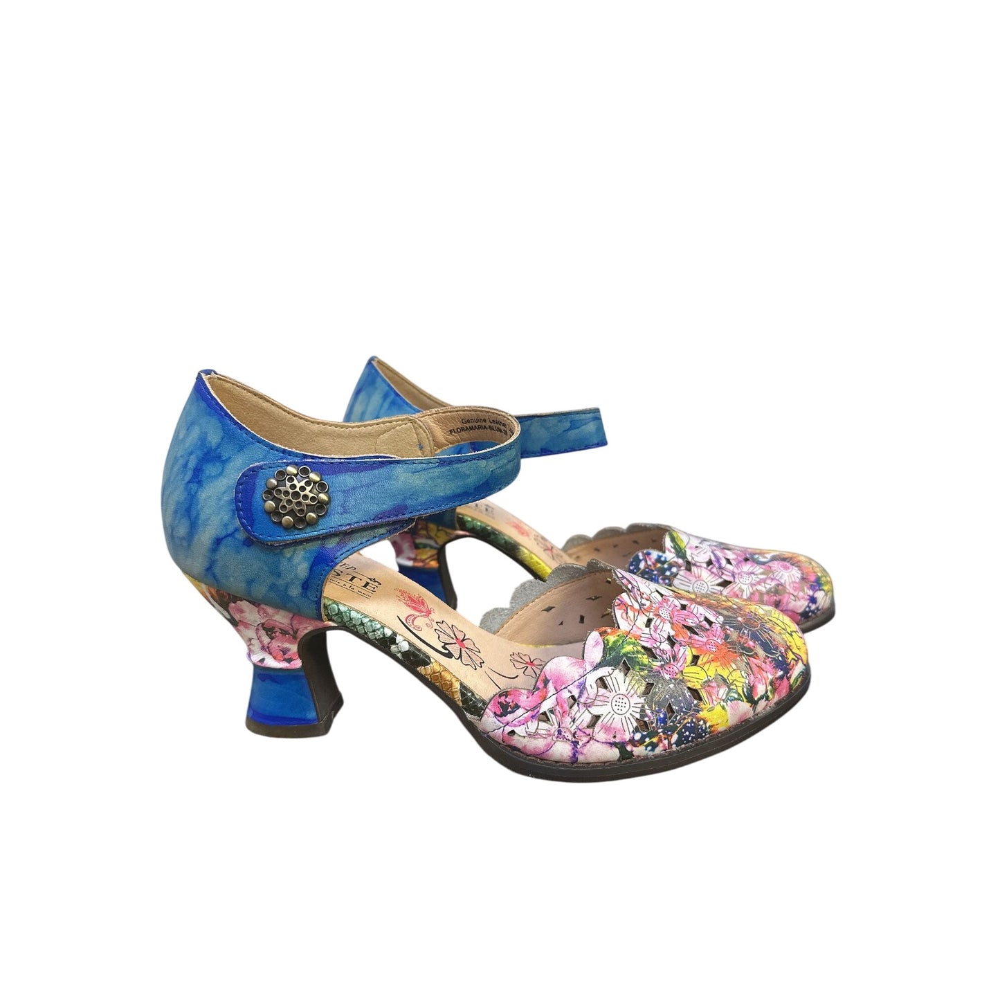 L'artiste Spring Step Floral & Blue Leather Mary Jane Heels Size 8.5