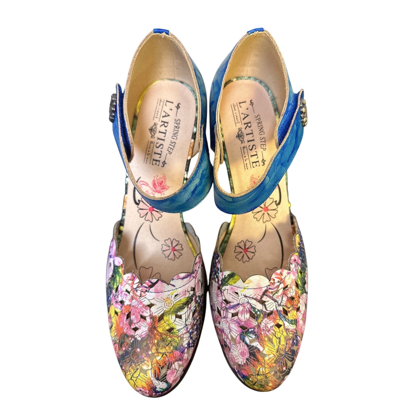 L'artiste Spring Step Floral & Blue Leather Mary Jane Heels Size 8.5