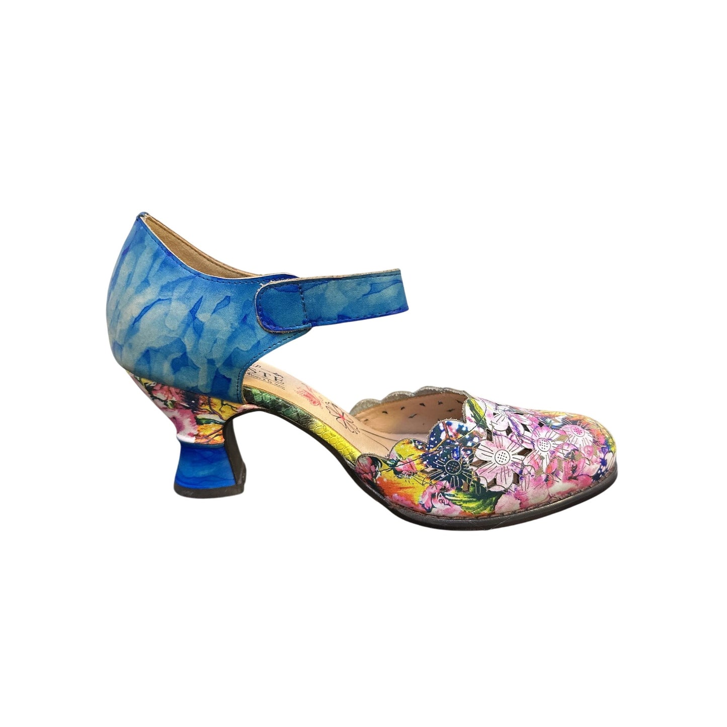 L'artiste Spring Step Floral & Blue Leather Mary Jane Heels Size 8.5
