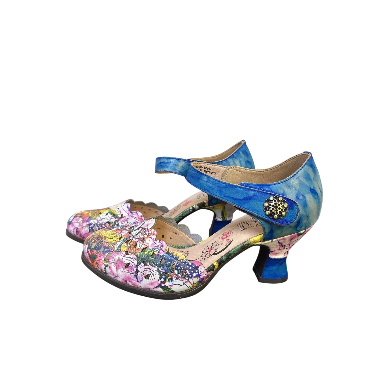 L'artiste Spring Step Floral & Blue Leather Mary Jane Heels Size 8.5