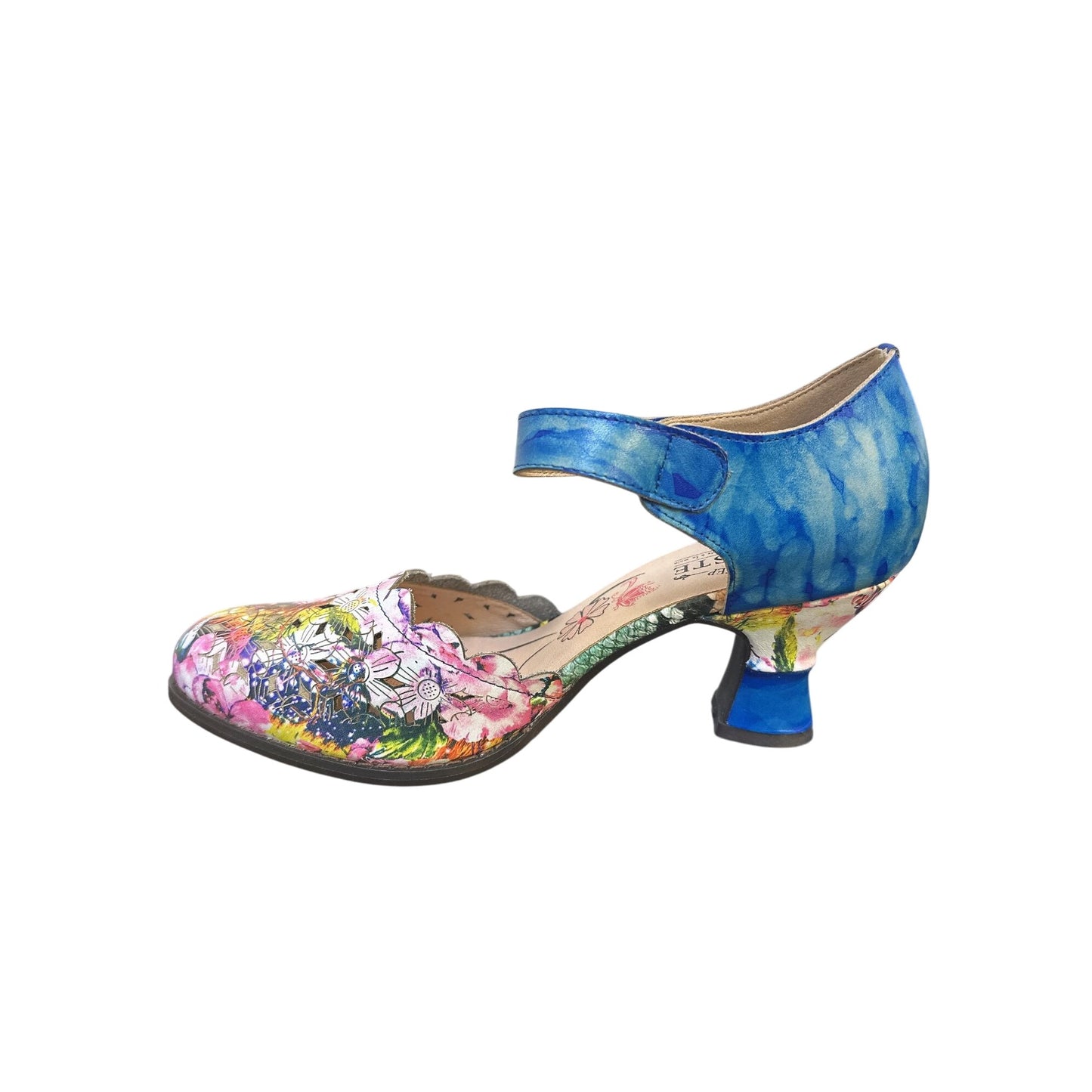 L'artiste Spring Step Floral & Blue Leather Mary Jane Heels Size 8.5