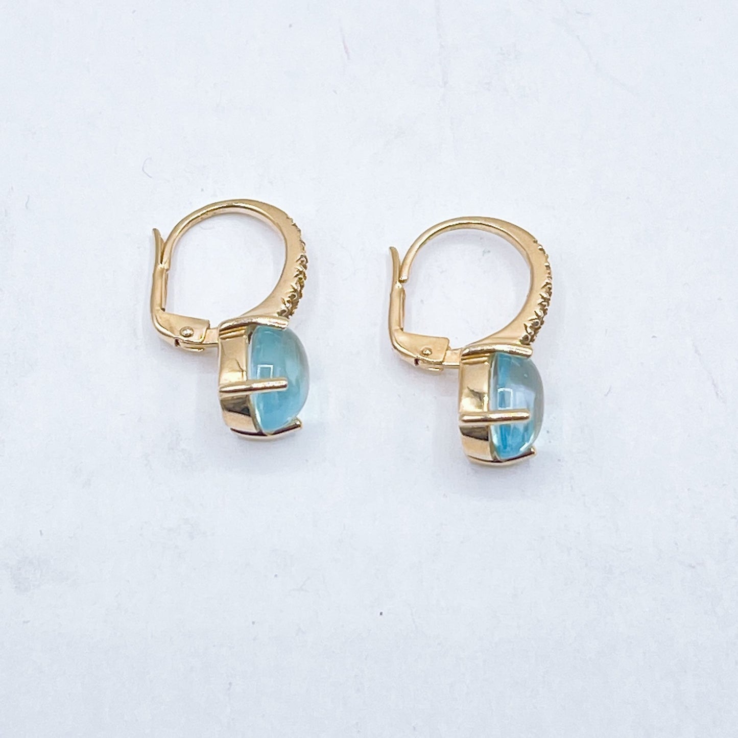 14K Gold 585 Italian Blue Topaz & Crystals Leverback Dangle Earrings