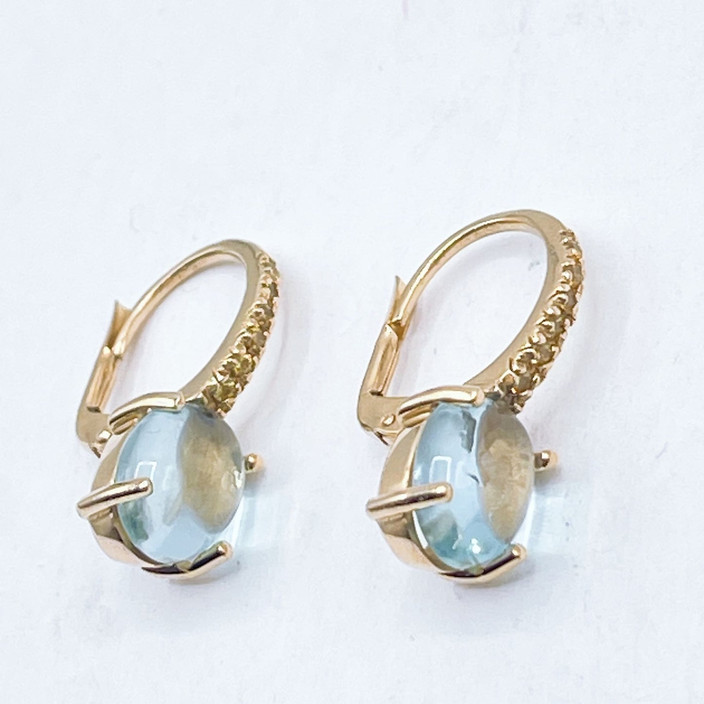 14K Gold 585 Italian Blue Topaz & Crystals Leverback Dangle Earrings