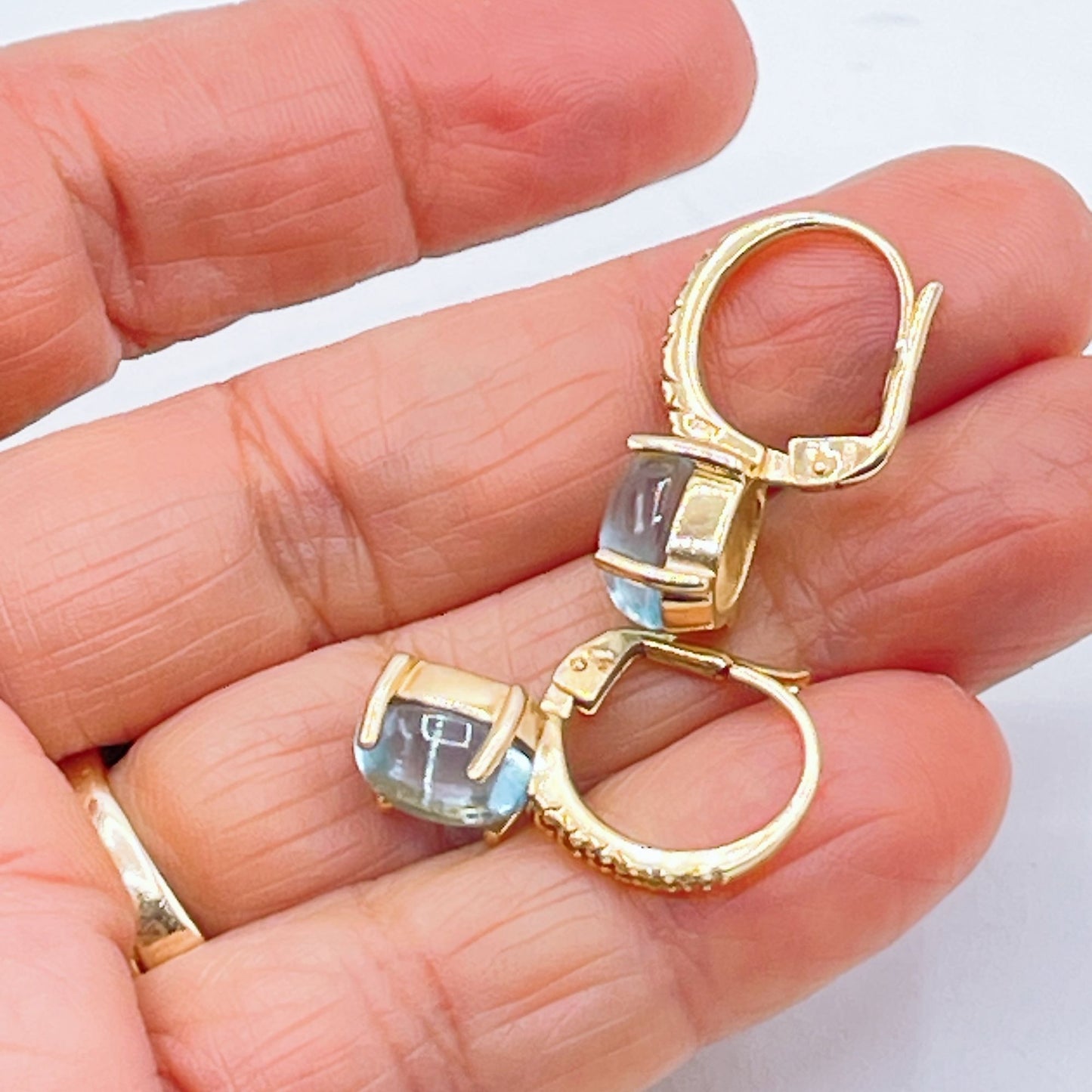 14K Gold 585 Italian Blue Topaz & Crystals Leverback Dangle Earrings