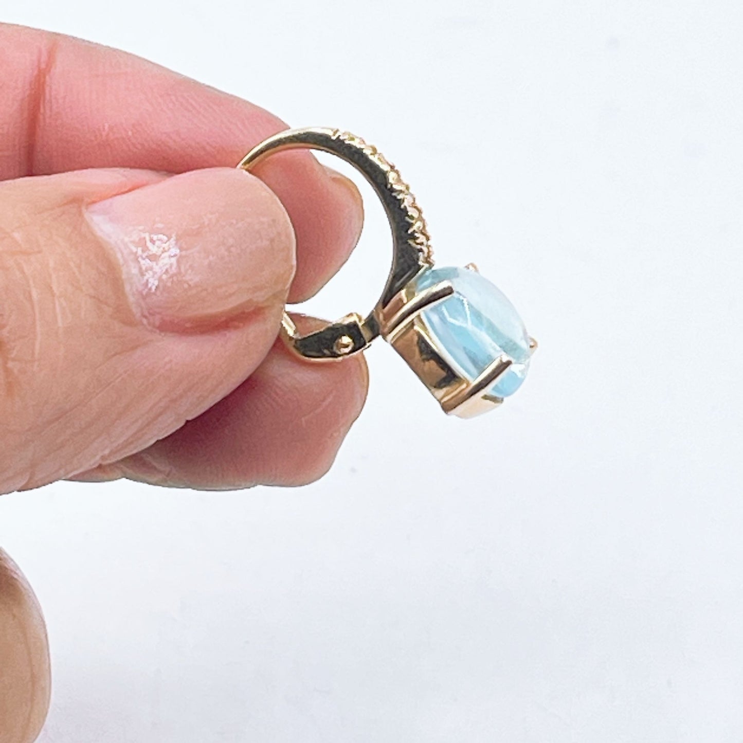 14K Gold 585 Italian Blue Topaz & Crystals Leverback Dangle Earrings