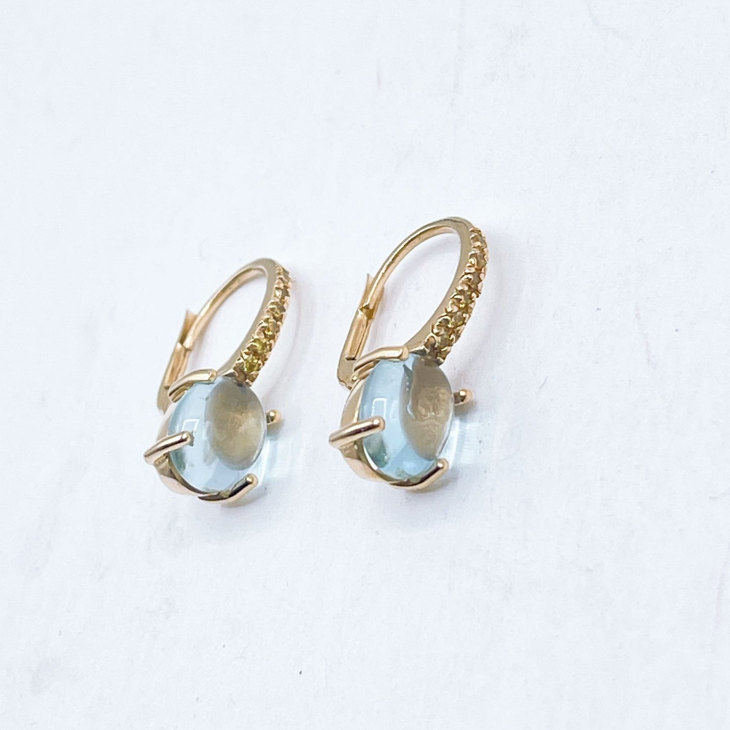 14K Gold 585 Italian Blue Topaz & Crystals Leverback Dangle Earrings