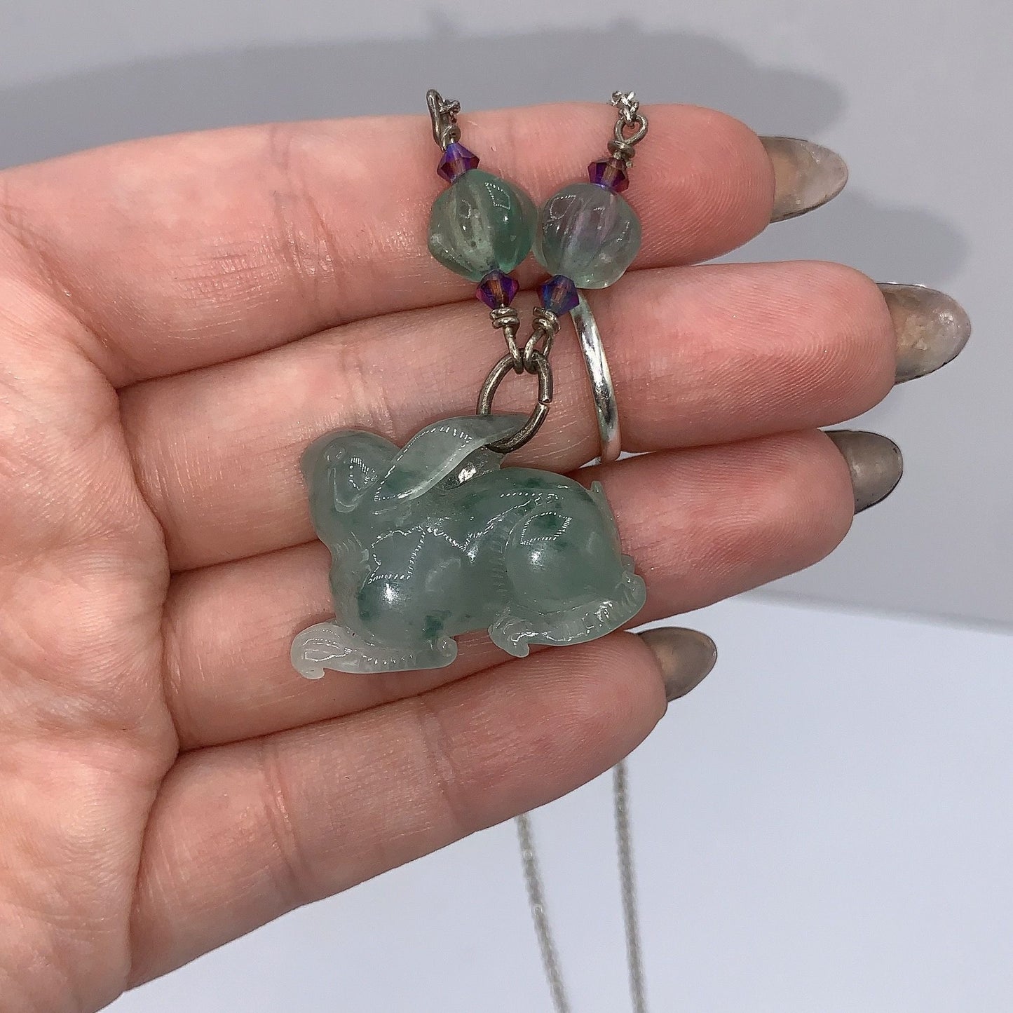 Sterling Silver Chain Jade Rabbit Pendant & Beaded Accent Necklaces