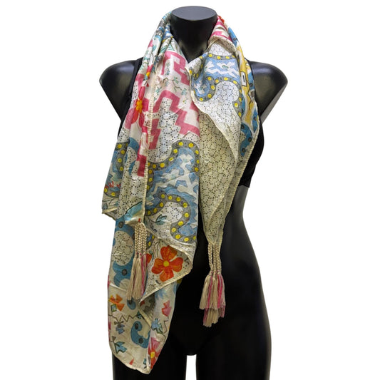 Johnny Was Multi-Color Floral & Geometric Printed Scarf With Tassels