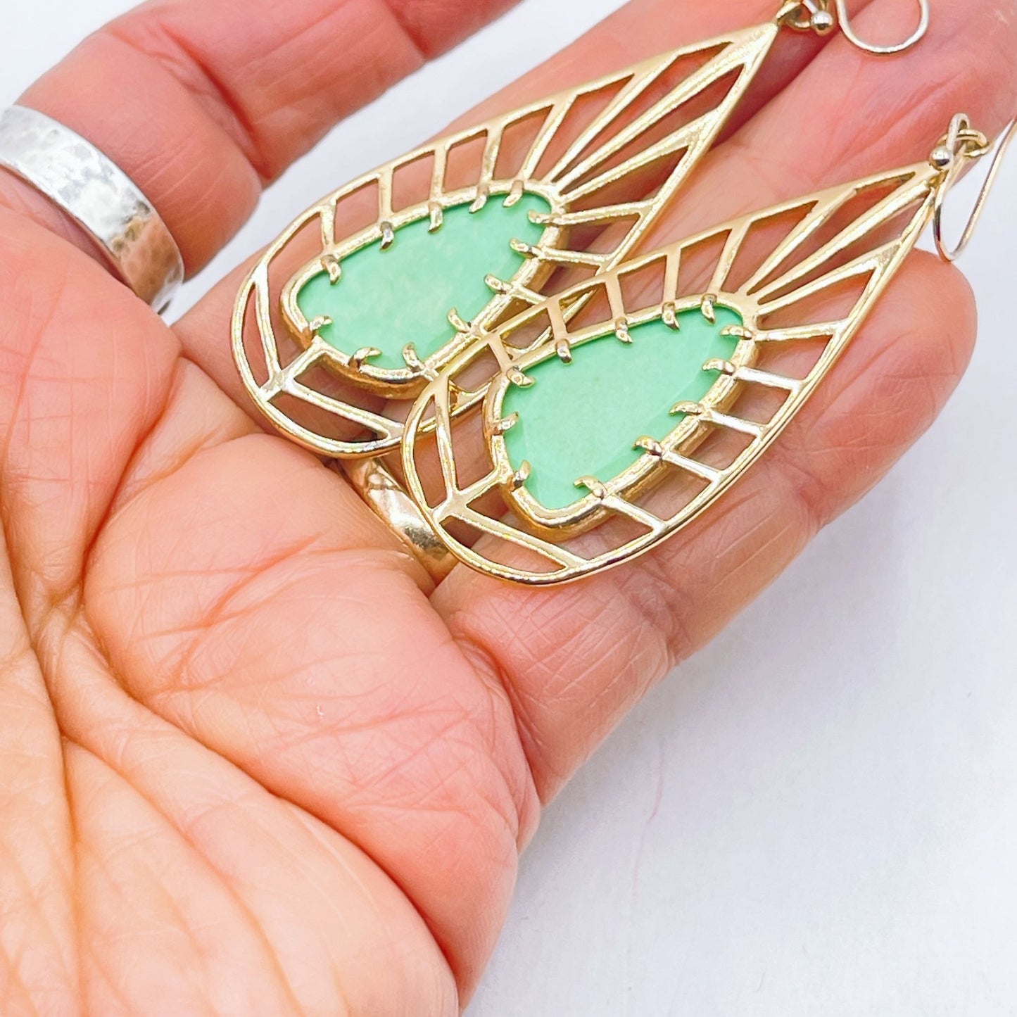 Gold-Tone Kendra Scott Open Teardrop Earrings With Green Stones