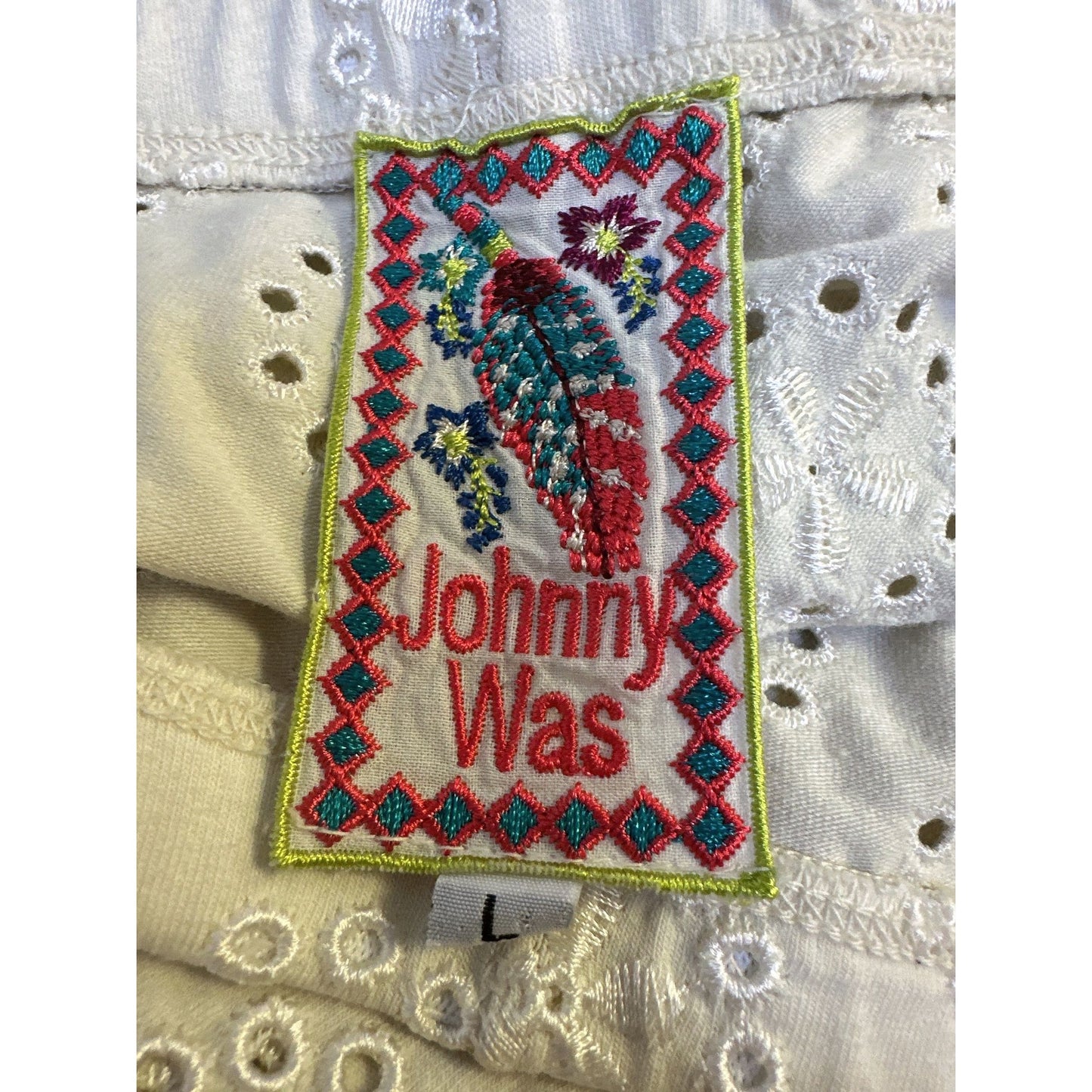 Johnny Was White Eyelet Embroidered Cotton Elastic Waist Pants Size L